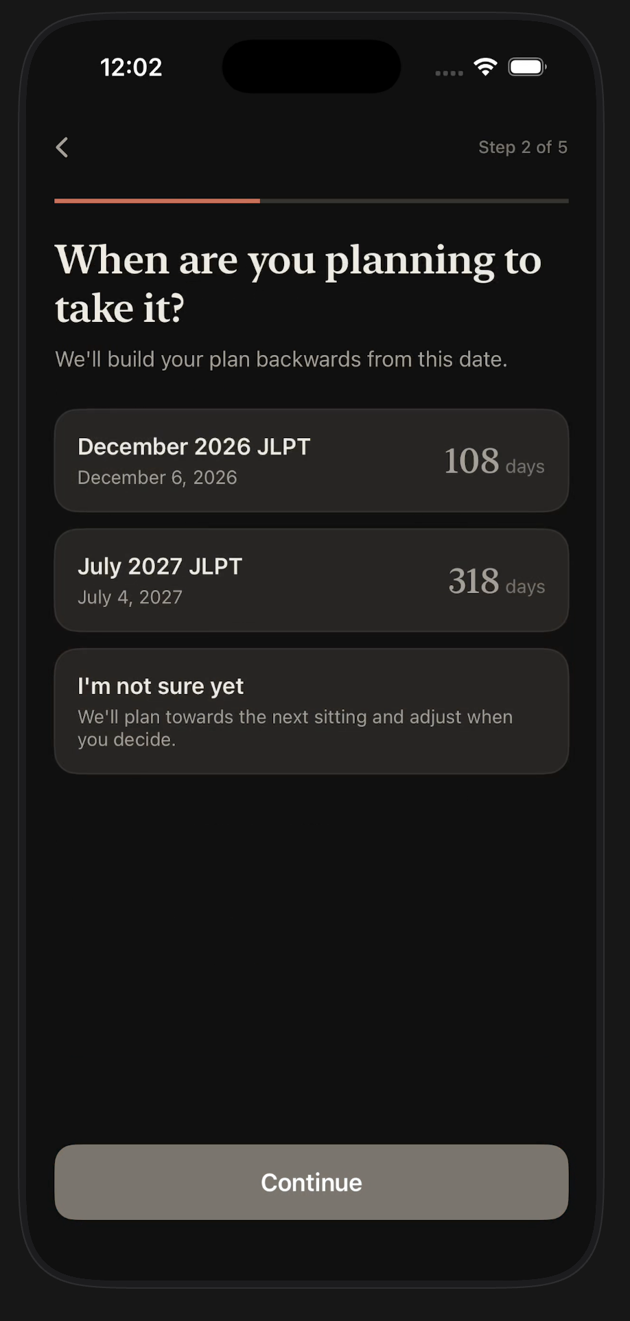 Passage onboarding screen asking when the learner plans to sit the JLPT