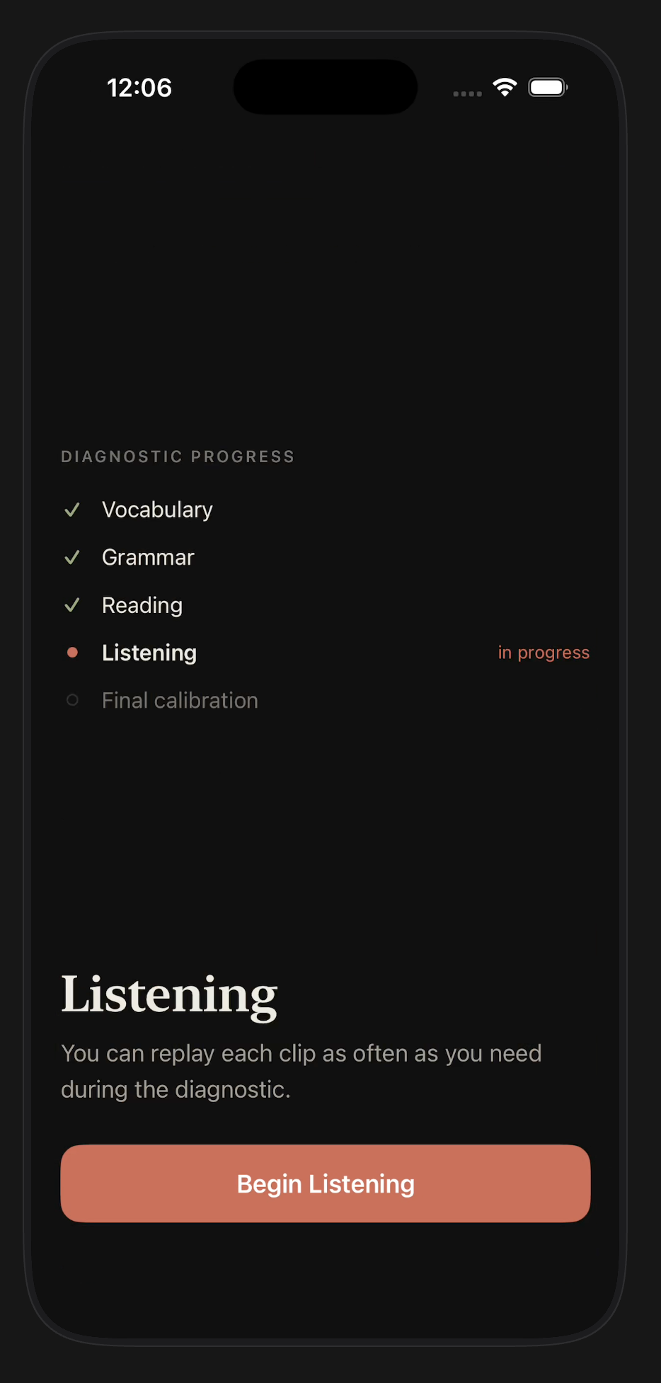 Passage diagnostic progress screen showing vocabulary, grammar, reading and listening